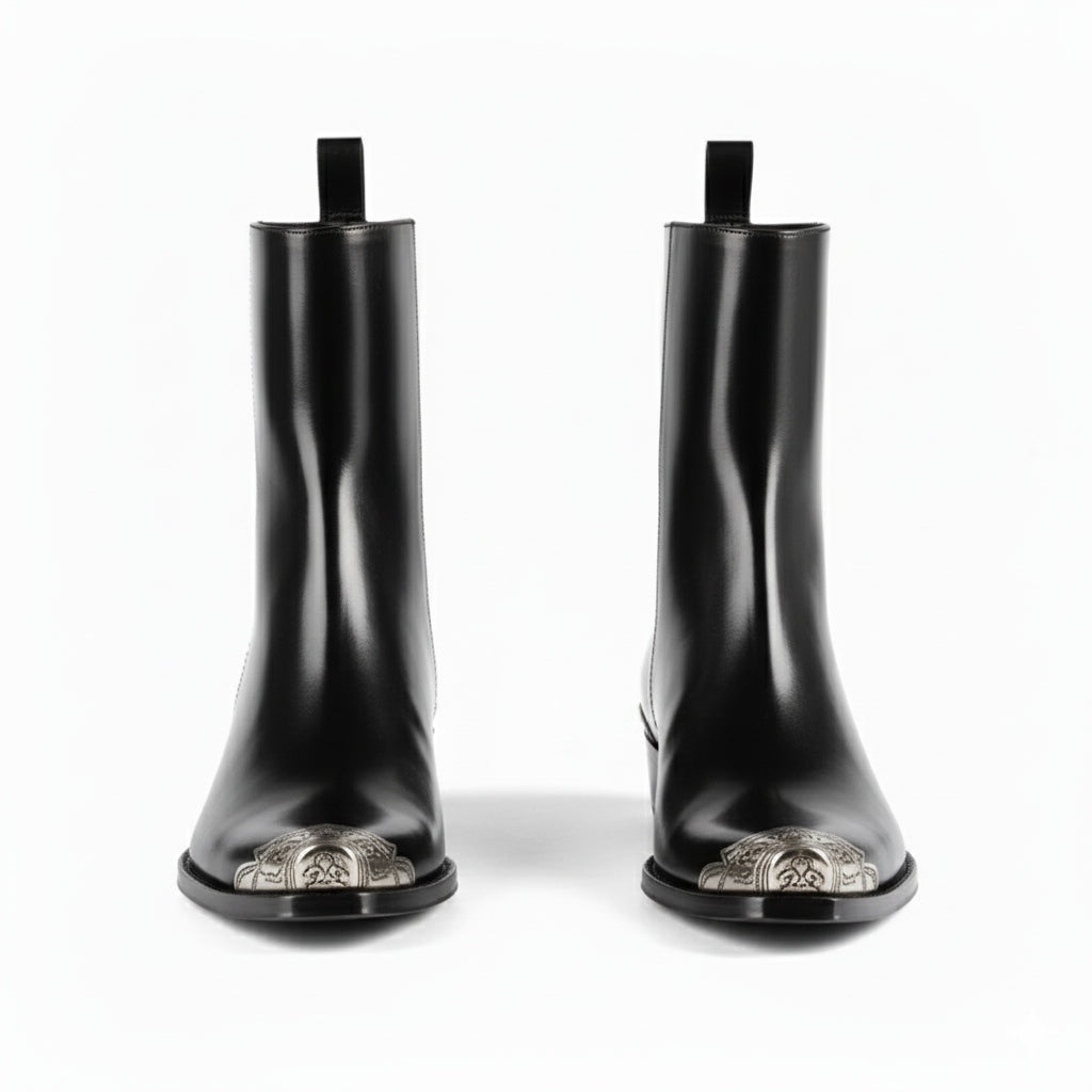 Patent Brown Long Chelsea Boots with Silver Toe