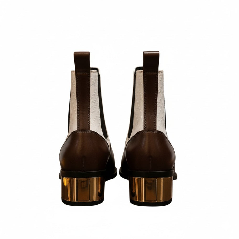 Luxury Dual Tone Croco Leather Chelsea Boots with Metallic Gold Heel