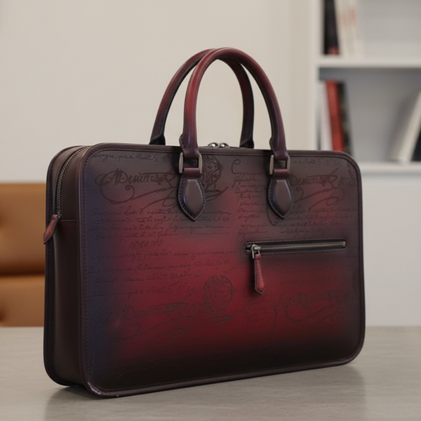 Luxury Handcrafted Printed Leather Briefcase - Burgundy