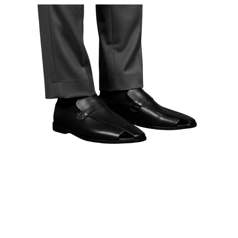 Italian Luxe Silver Emblem Open Toe Loafers