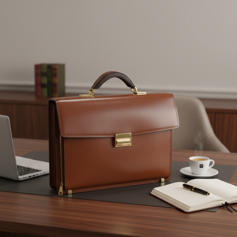 Polished Leather Gold-Tone Accents Briefcase