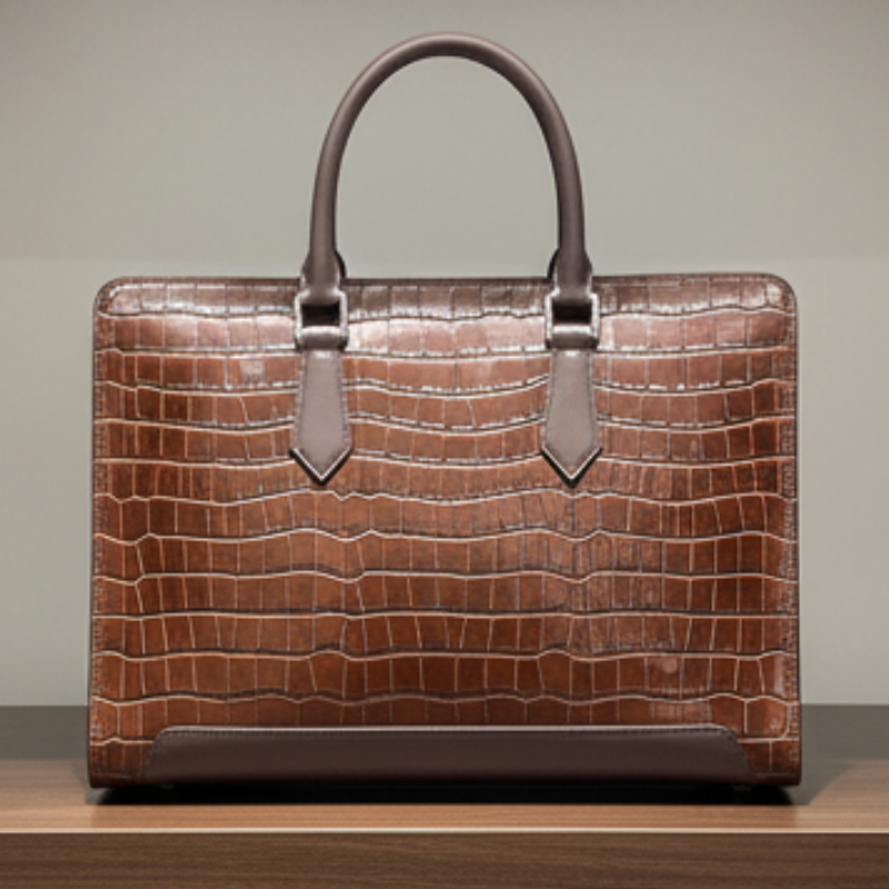 Umber Crest Crocodile-Embossed Leather Briefcase