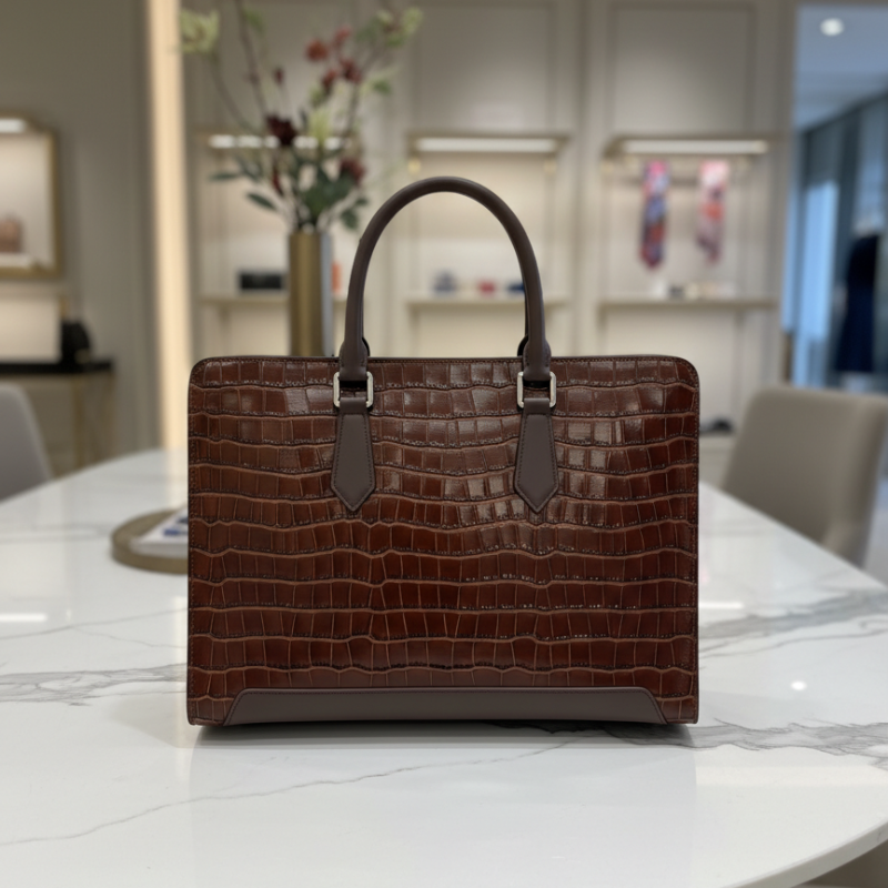 Umber Crest Crocodile-Embossed Leather Briefcase