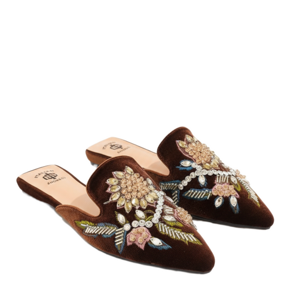 Floral Embroidered Midnight Velvet Women Mules - Choco Brown