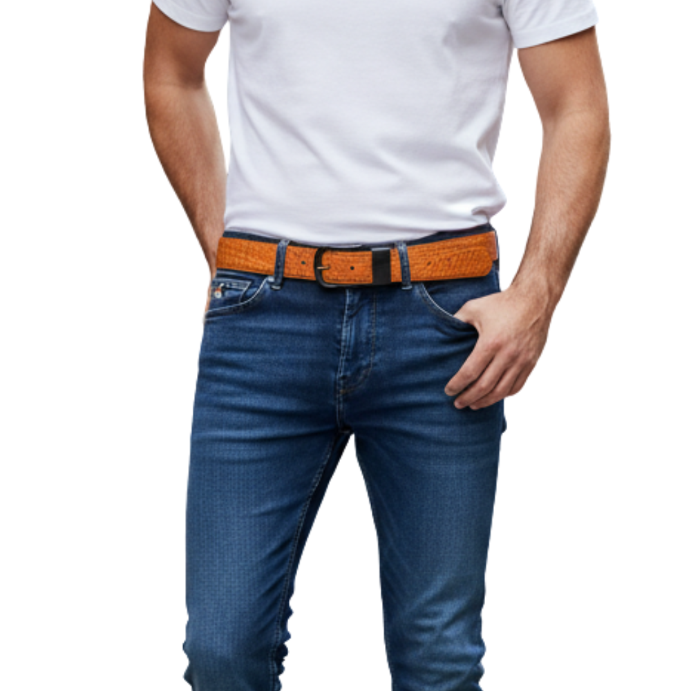 Double Prong Croc-Pattern Leather Belt