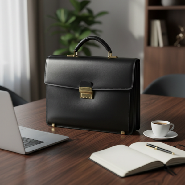 Onyx Crest Gold Tone Accents Leather Briefcase