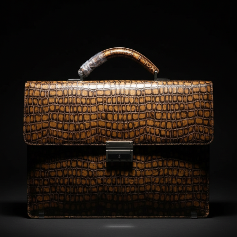 Dual-Tone Crocodile-Embossed Leather Briefcase