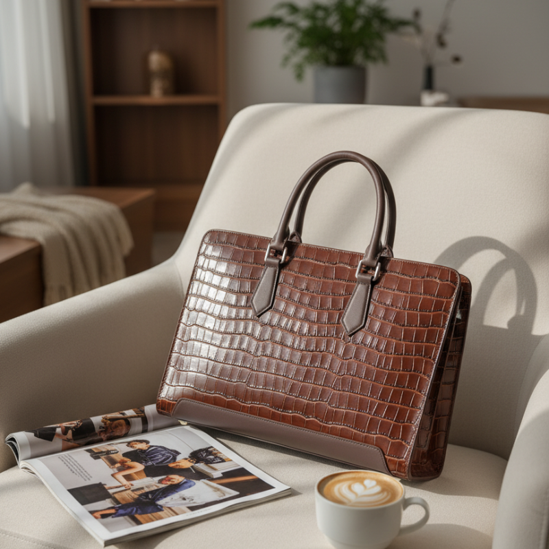 Umber Crest Crocodile-Embossed Leather Briefcase