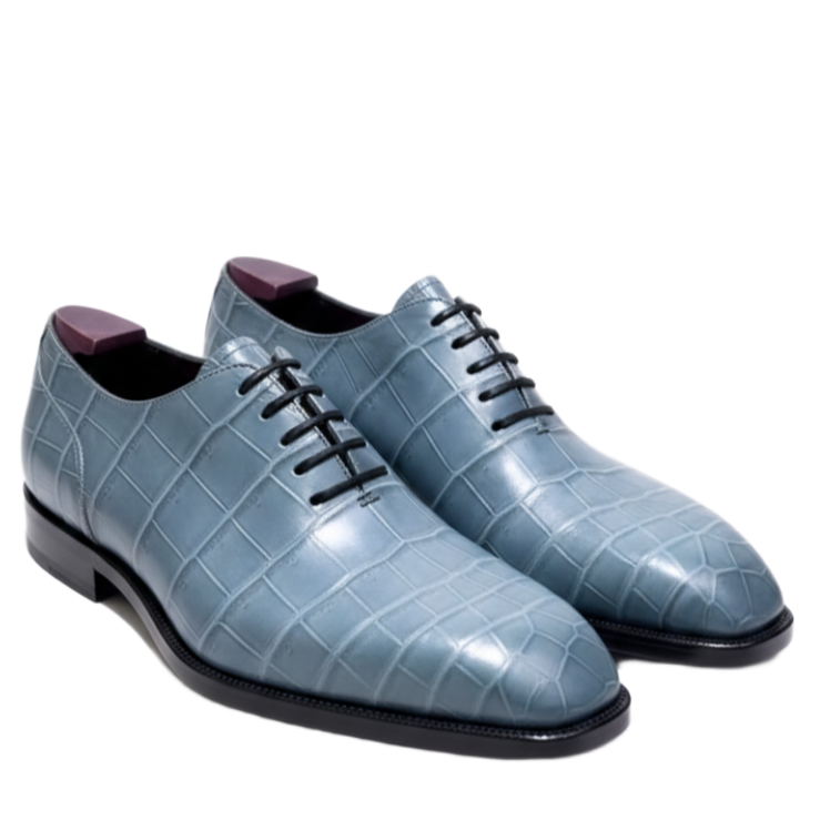 Azure Croc-Textured Oxford Shoes Lace-Ups