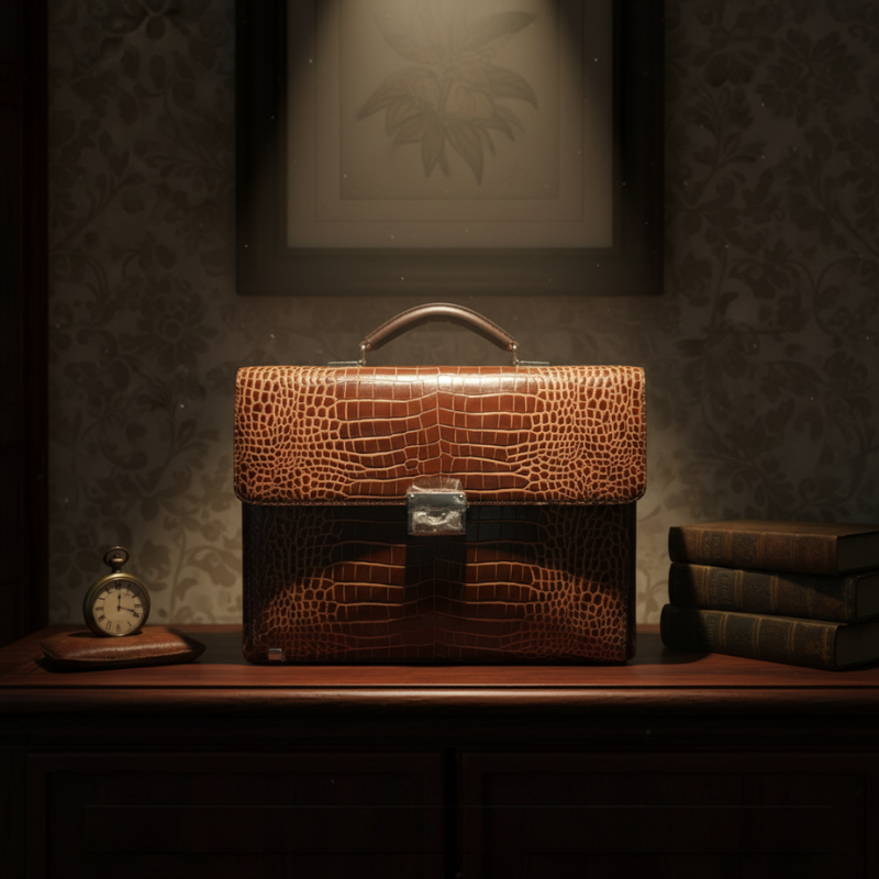 Sable Crest Crocodile-Embossed Leather Briefcase