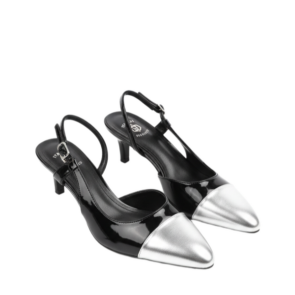 Midnight Silver Cap-Toe Slingback Heels
