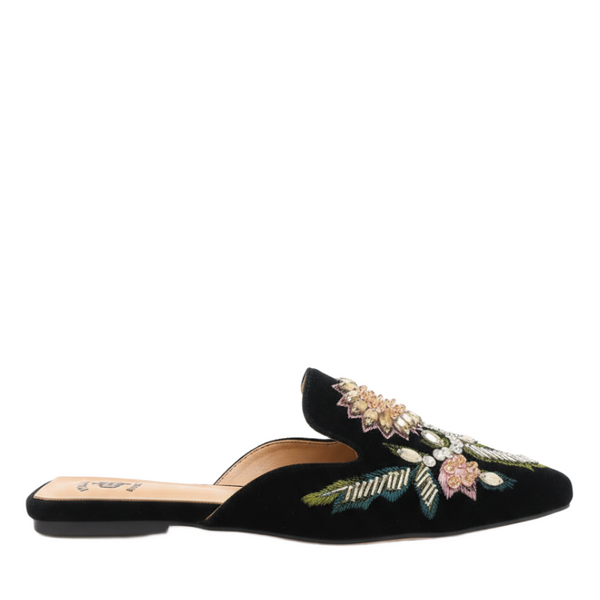 Floral Embroidered Midnight Velvet Women Mules - Black