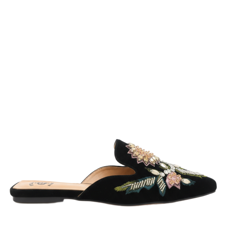 Floral Embroidered Midnight Velvet Mules
