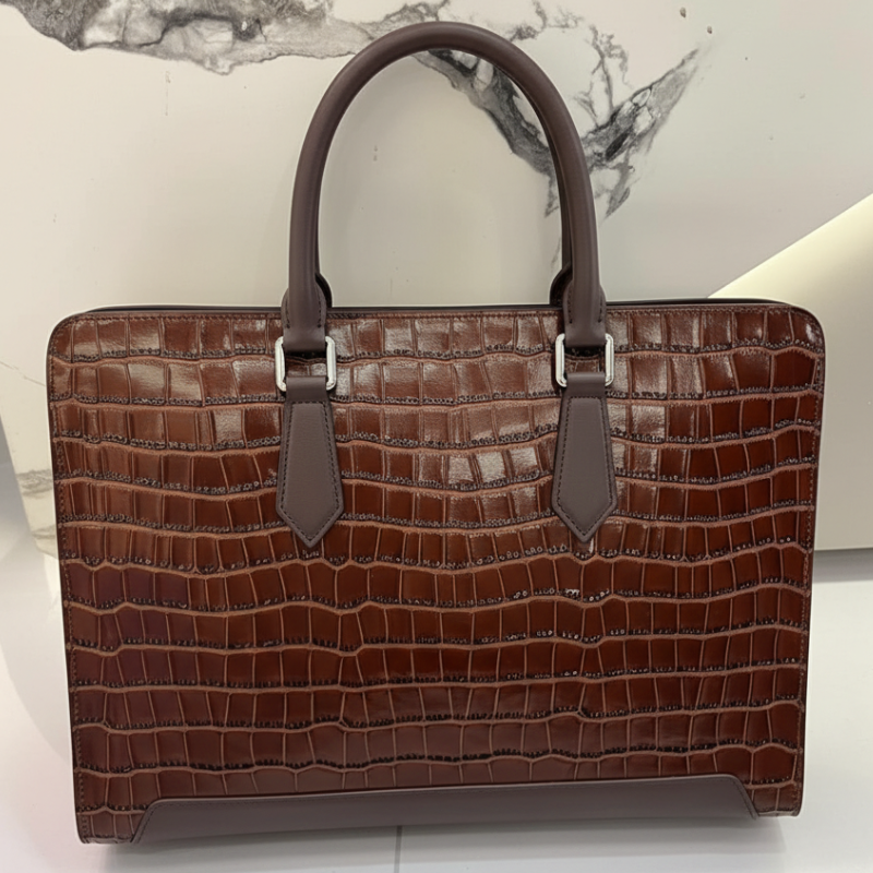 Umber Crest Crocodile-Embossed Leather Briefcase