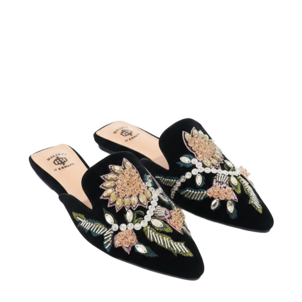 Floral Embroidered Midnight Velvet Women Mules