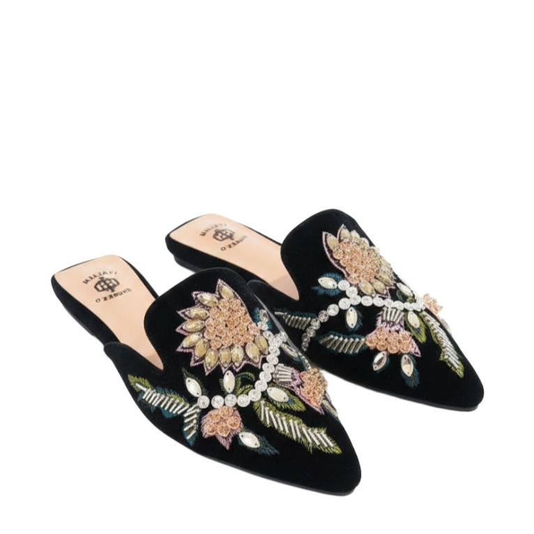 Floral Embroidered Midnight Velvet Mules