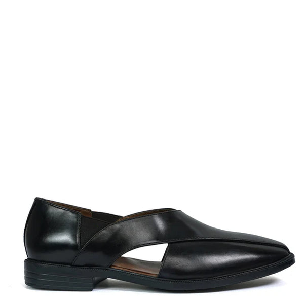 Cross Strap Slip On Leather Peshawari Tan Sandal - Black
