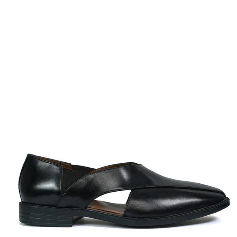 Cross Strap Slip On Leather Peshawari Black Sandal