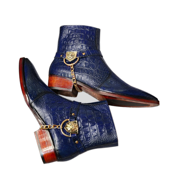 Croco Side Buckle Chelsea Boots - Blue