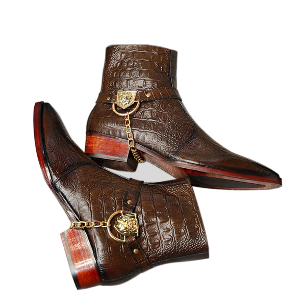 Croco Side Buckle Chelsea Boots - Dark Brown