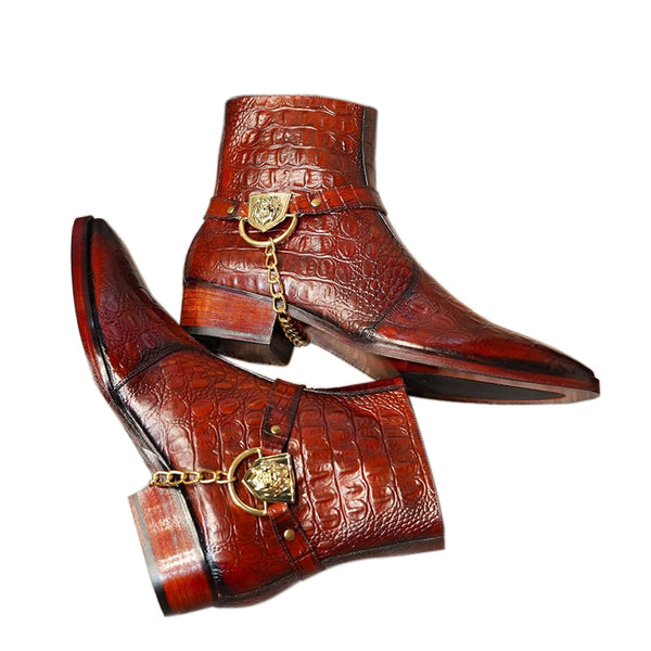 Croco Side Buckle Chelsea Boots - Red