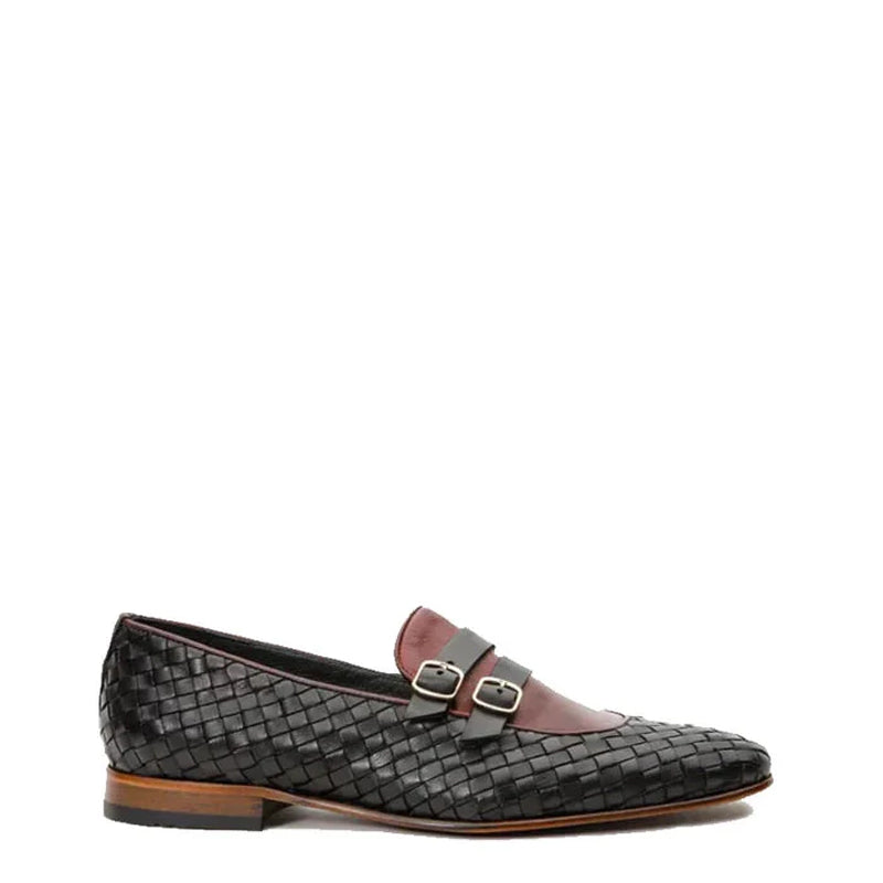 Men Leather Woven Double Monk Strap Shoe