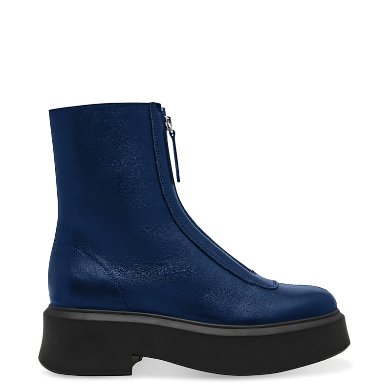 Premium Row Zipped Front Leather Blue Ankle Boot