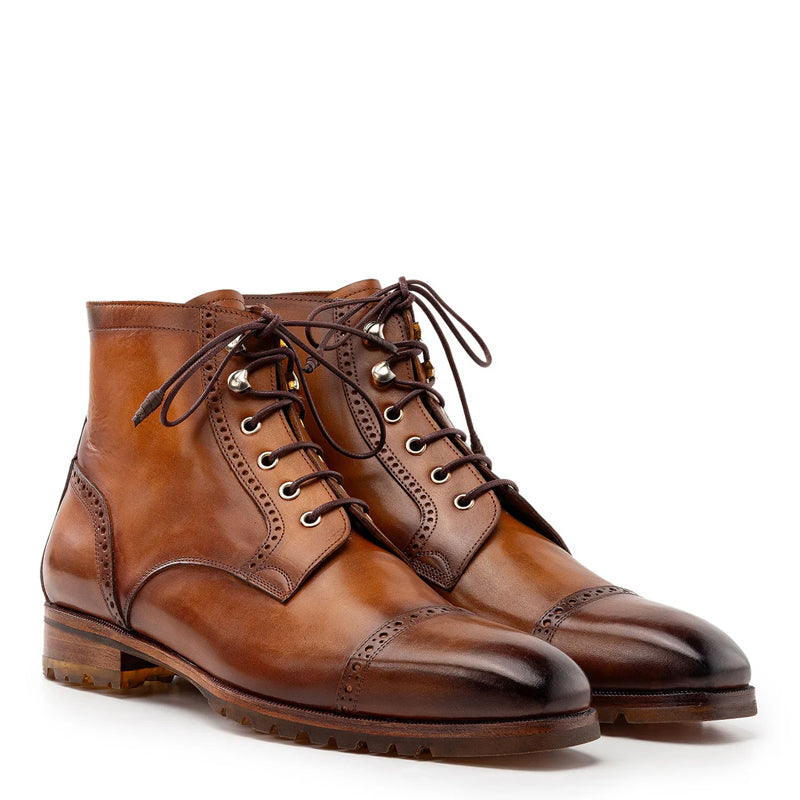 Leather Lace-Up Cap Toe Boots For Men