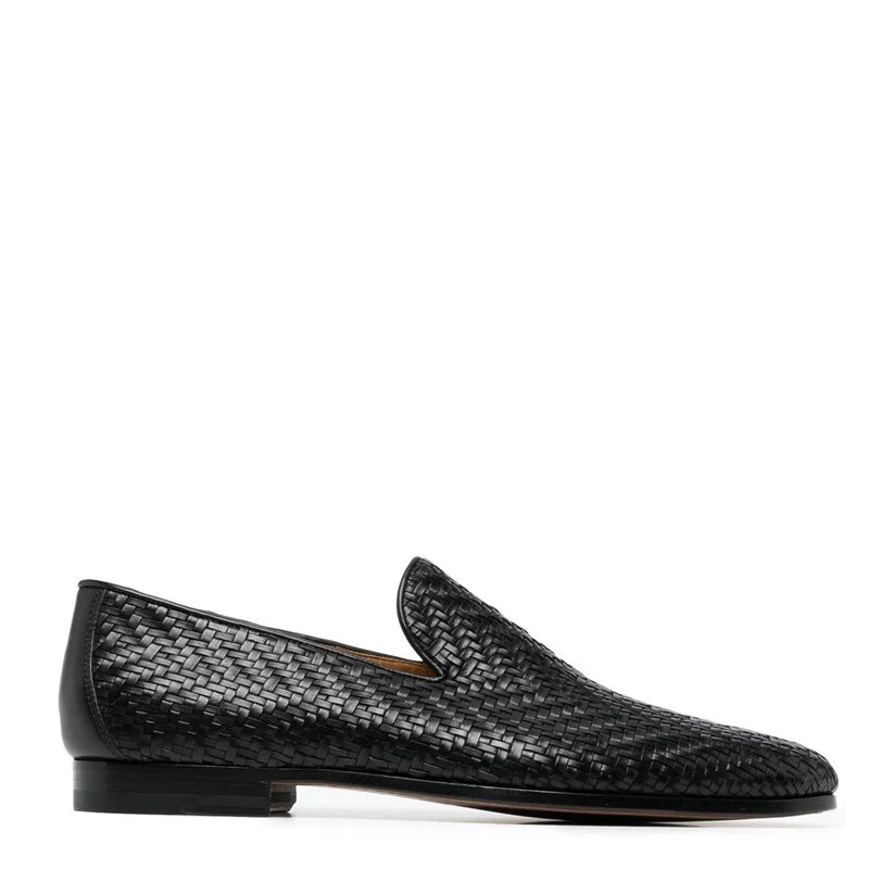 Dark Black Woven Leather Loafers For Men