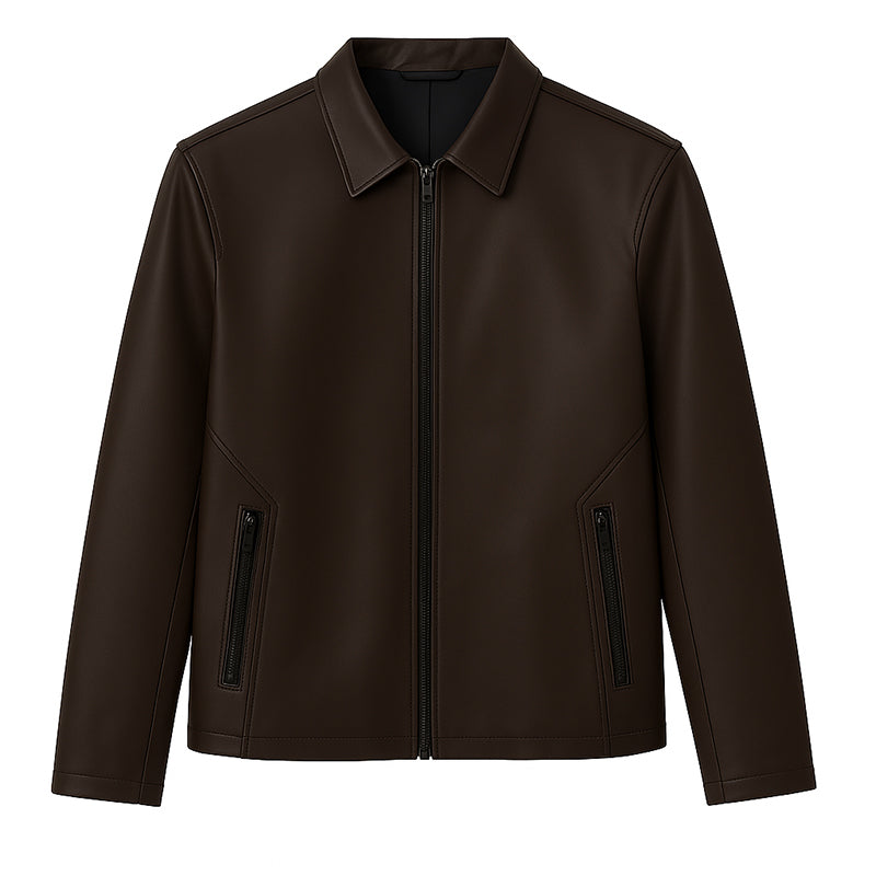 Men's Plain Casual Brown Leather Jacket with Collar