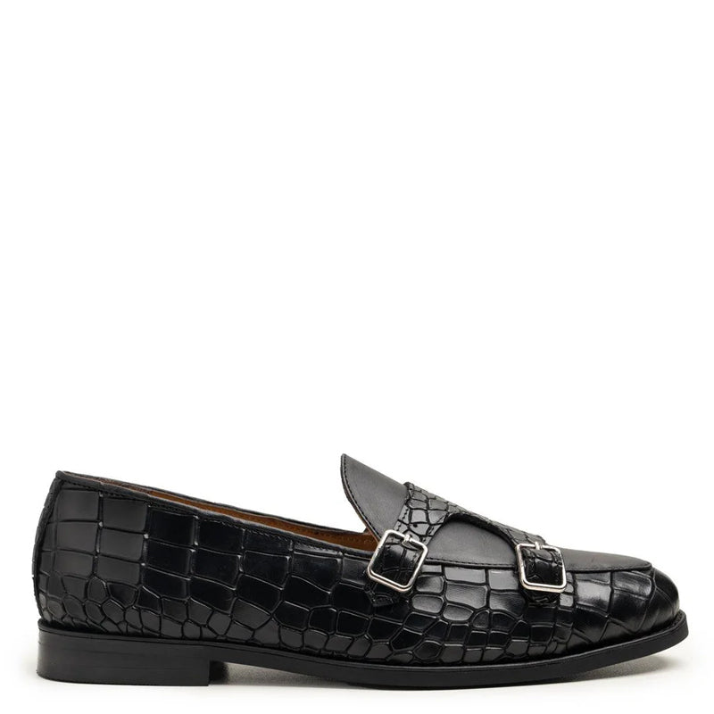 Black Croc-Embossed Monk straps