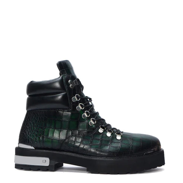 Croco Deep Cut Leather Lace UP Ankle Boot - Green
