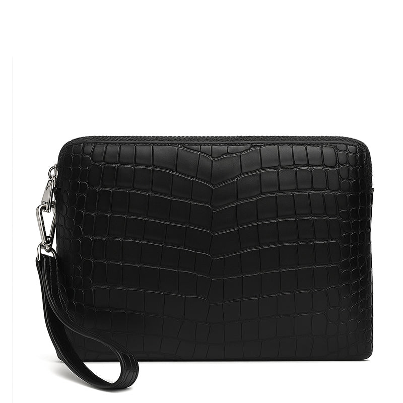 Men's Crocodile Black Leather Zipper Clutch Bag