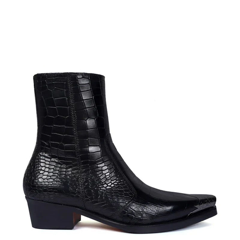 Luxury Croco Print Leather Side Zipper Boot Black