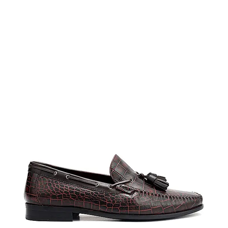 Crocodile Pattern Side Lacing Leather Tassel Loafer Burgundy