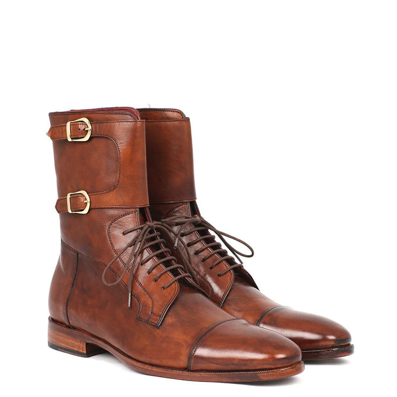 Men Cap Toe Leather High Ankle Boot Tan