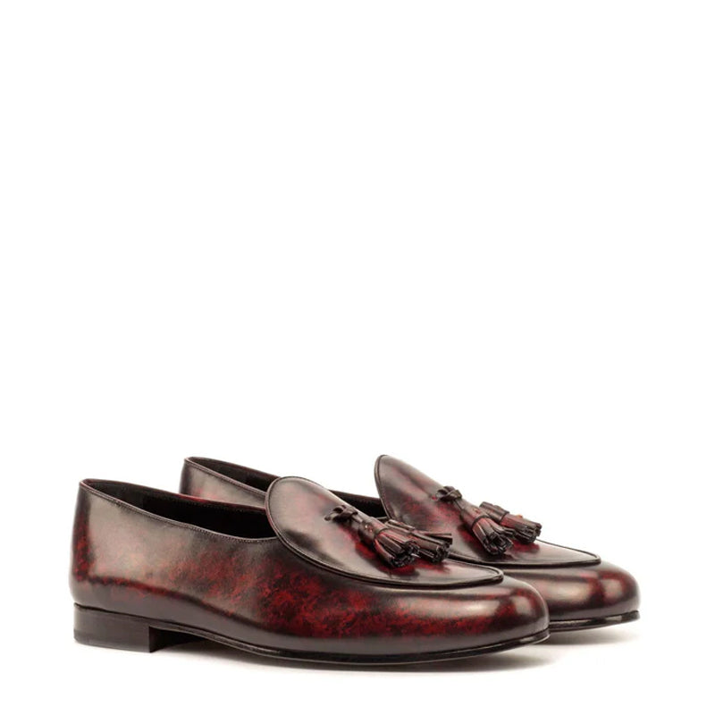 Patina Leather Apron Toe Tassel Slip-On Shoes