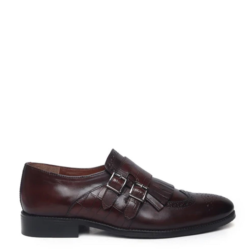 Croco Textured Double Monk Black Shoe with Fringes