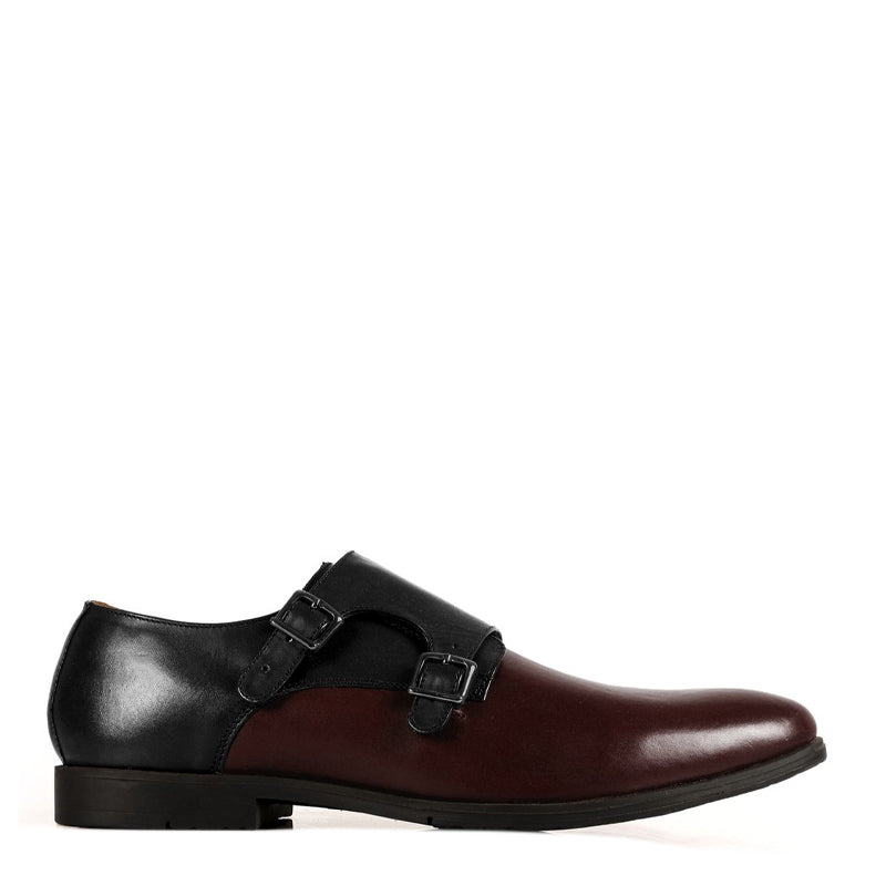 Leather Double Monk Strap Black and Gray Shoe For Men
