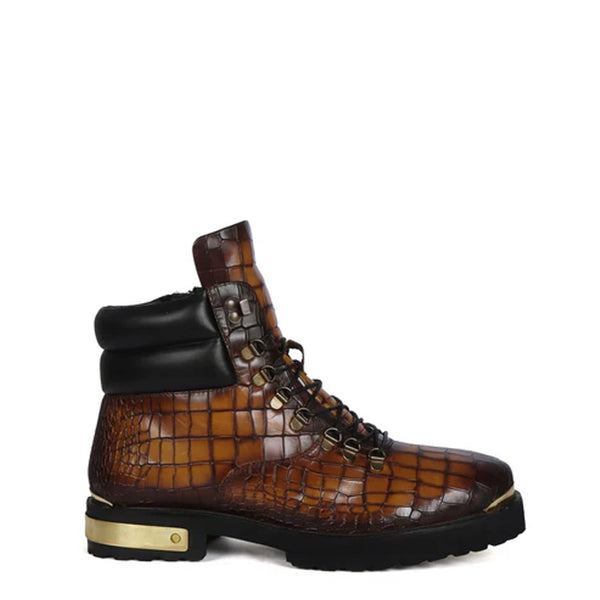 Croco Deep Cut Leather Lace UP Ankle Boot - Tan