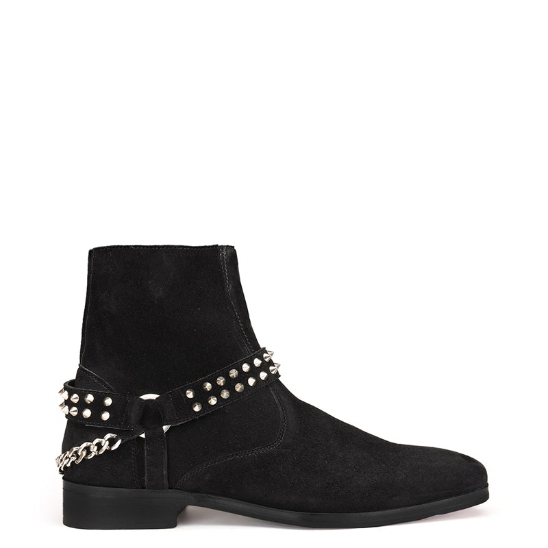 Luxury Spike Stud Velvet Side Zipper Boot With Chain
