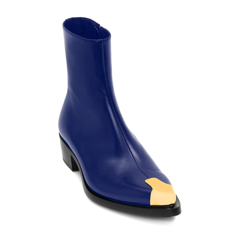 Punk Leather Boots Golden Toe Blue