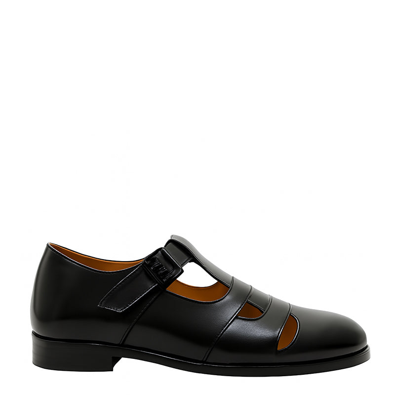 Closed-Toe Black Leather Sandal with Buckle Strap