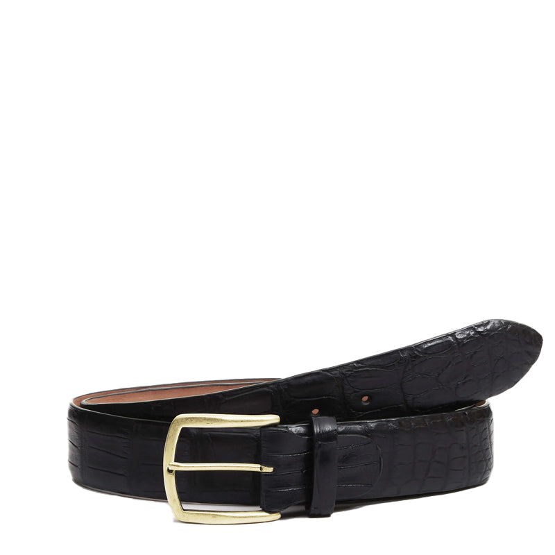 Men Croc Leather Belt With Gold Buckle