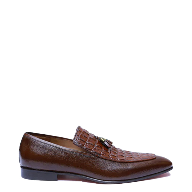 Croco Print Leather Tassel Black Loafer For Men