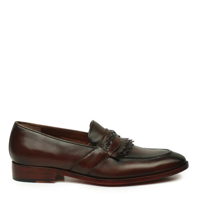 Patent Leather Slip-On Brown Loafer With Dual Fringes