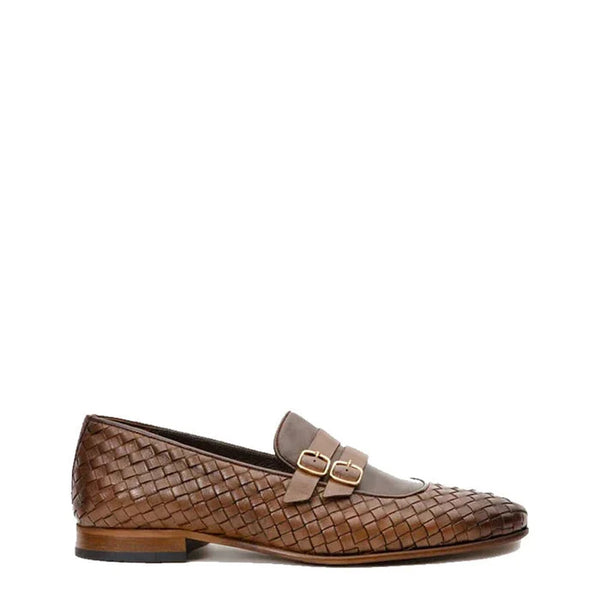 Men Leather Woven Double Monk Strap Shoe