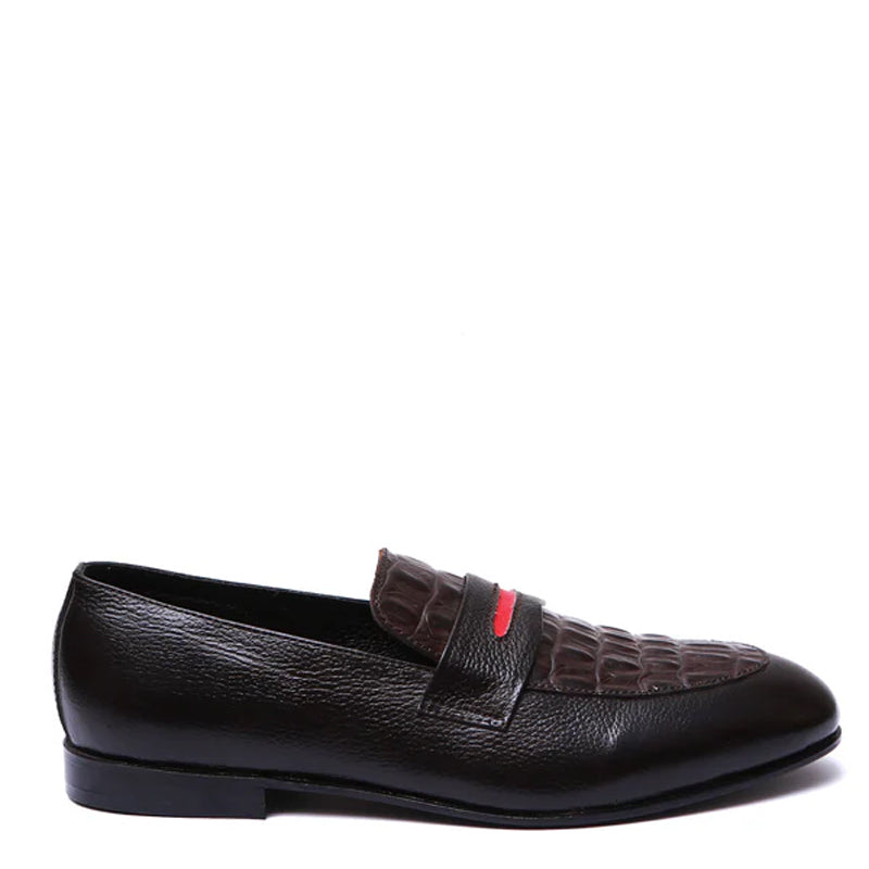 Men Croc Leather Loafers With Red Patti