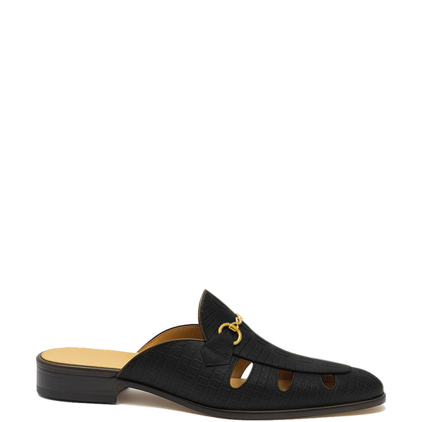 Embellished Textured Leather Mule - Black