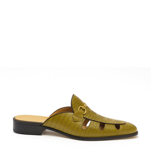 Embellished Textured Leather Mule - Olive-green